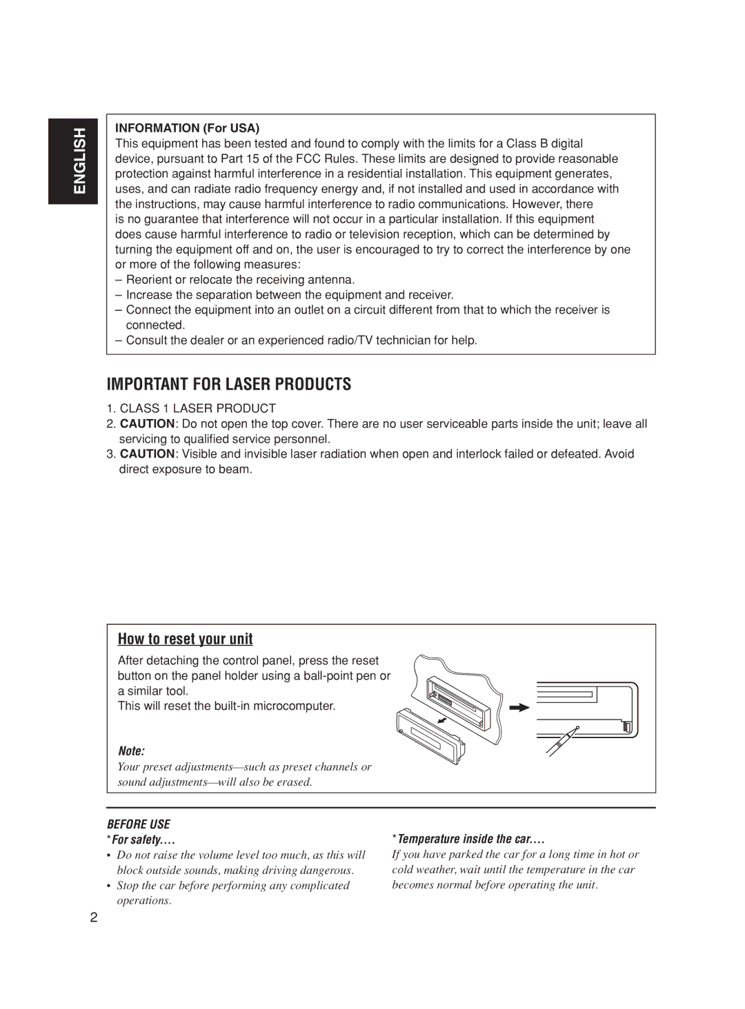 JVC KD-SC500, KD-AR600 manual How to reset your unit, Information For USA, Class 1 Laser Product 