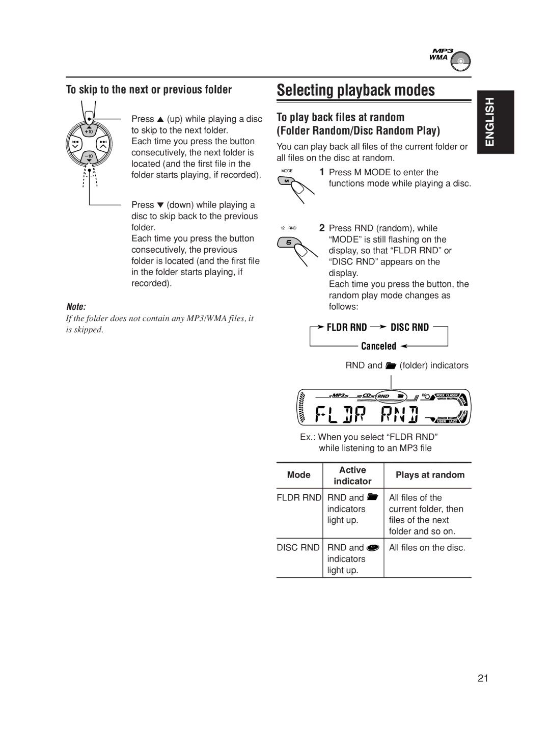 JVC KD-AR600 manual Selecting playback modes, To skip to the next or previous folder, Mode Active Plays at random Indicator 