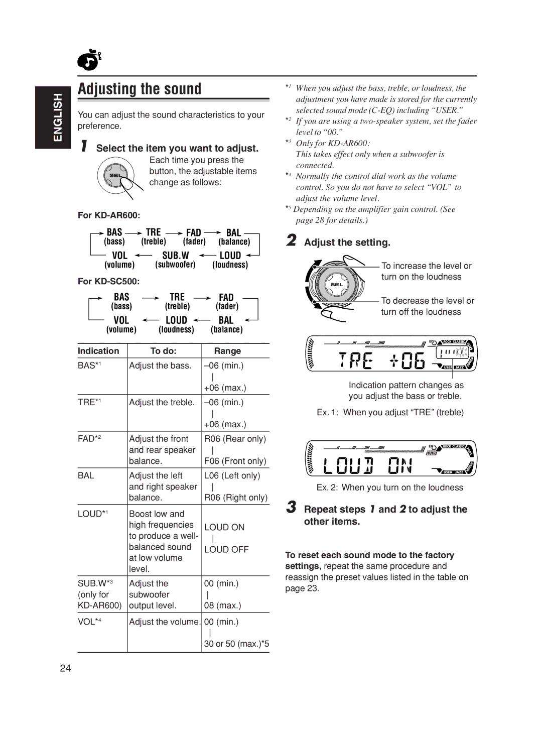 JVC KD-SC500, KD-AR600 manual Adjusting the sound, Select the item you want to adjust, Adjust the setting 