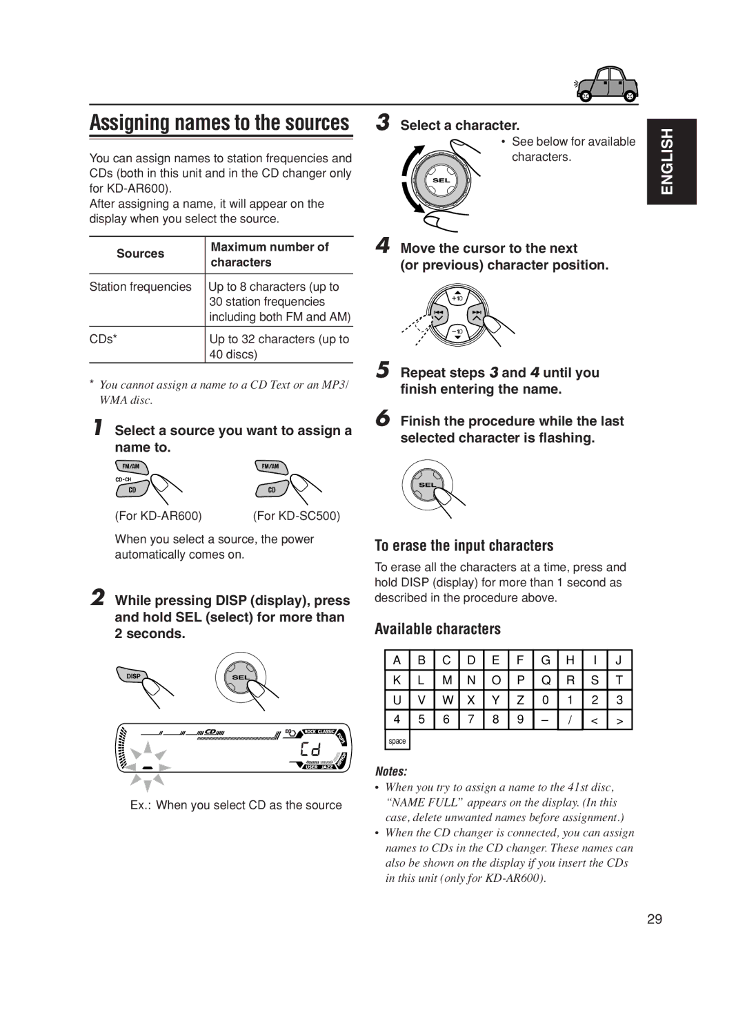 JVC KD-AR600, KD-SC500 manual To erase the input characters, Available characters, Sources Maximum number Characters 