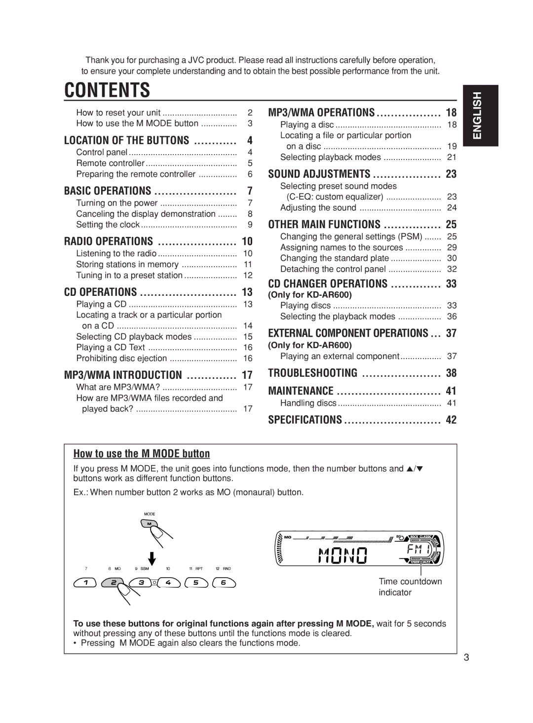 JVC KD-AR600, KD-SC500 manual Contents 