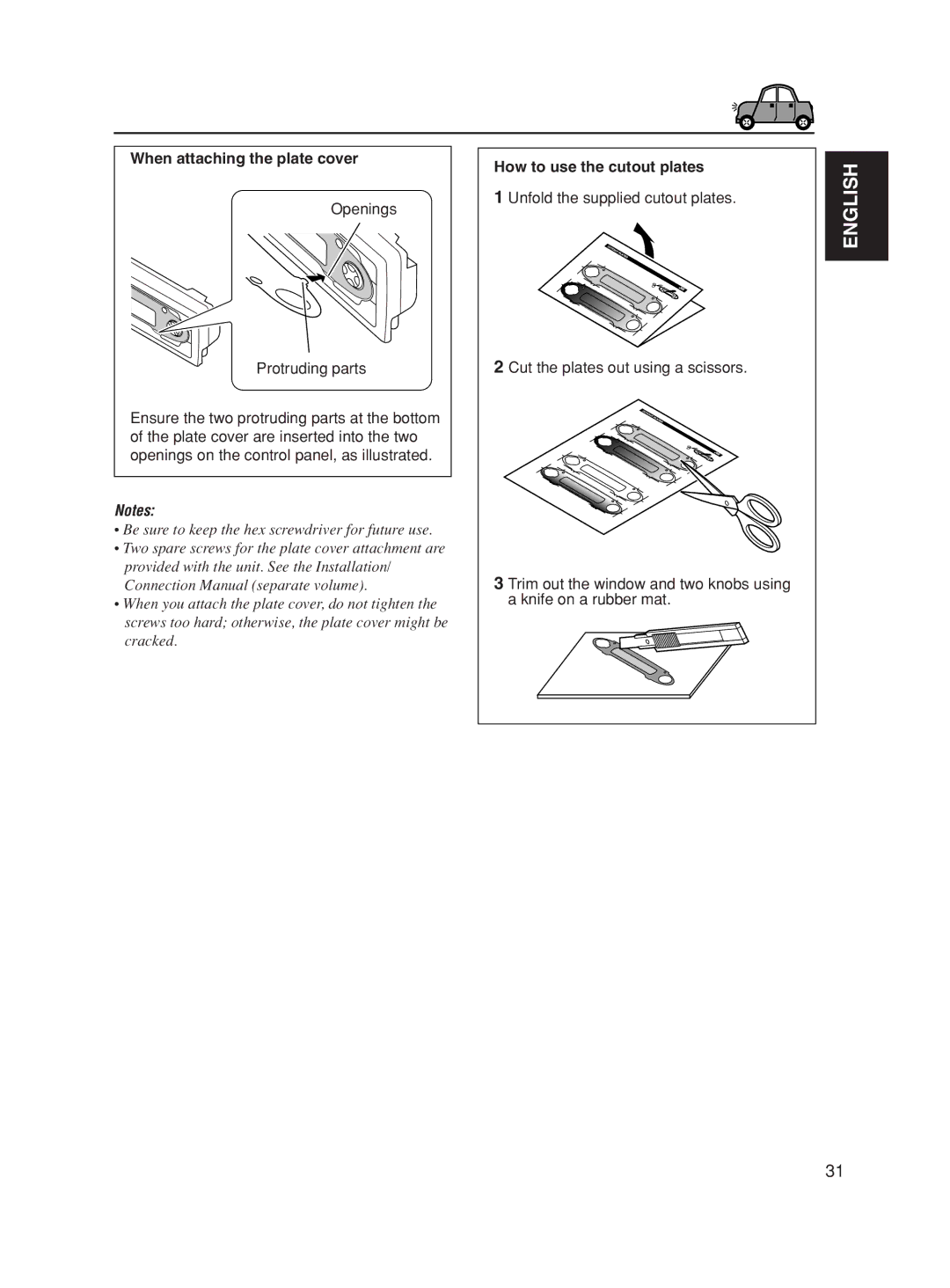 JVC KD-AR600, KD-SC500 manual When attaching the plate cover, Openings Protruding parts, How to use the cutout plates 