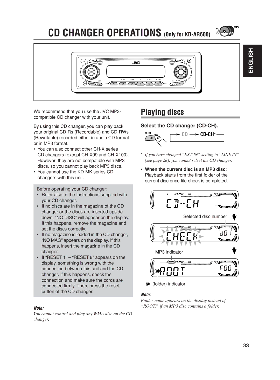 JVC KD-AR600, KD-SC500 Playing discs, Select the CD changer CD-CH, Selected disc number MP3 indicator Folder indicator 