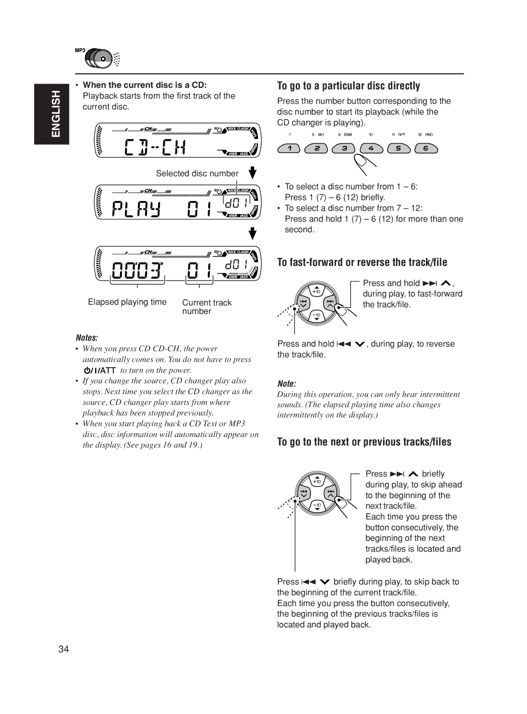 JVC KD-SC500 To go to a particular disc directly, To fast-forward or reverse the track/file, Selected disc number, Number 