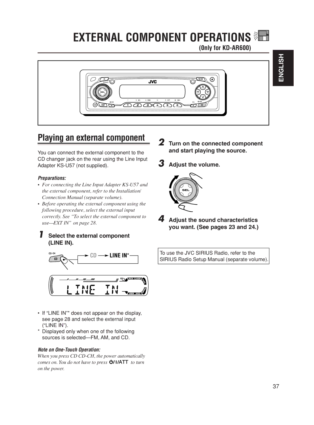 JVC KD-SC500 manual 0nly for KD-AR600, Select the external component Line 