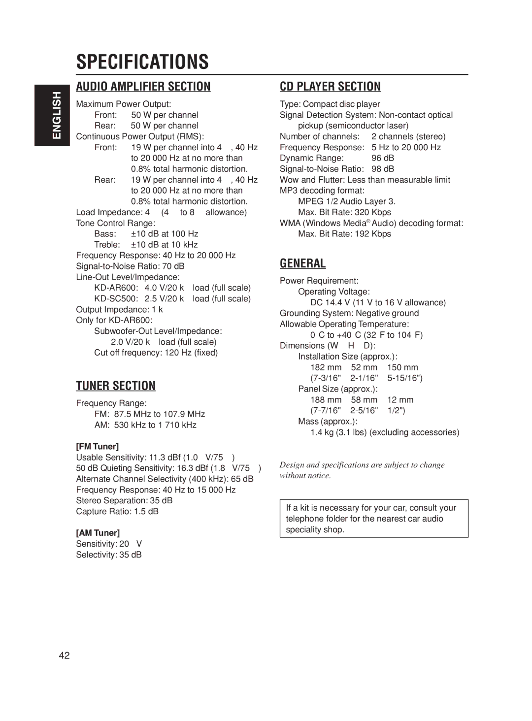 JVC KD-SC500, KD-AR600 manual Specifications, FM Tuner, AM Tuner 