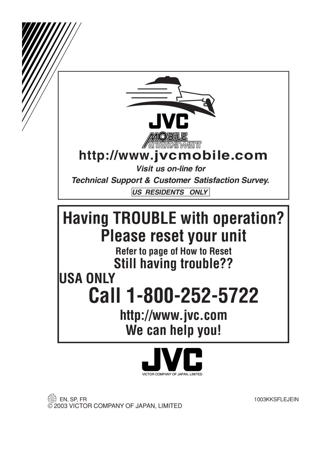 JVC KD-AR600, KD-SC500 manual Refer to page of How to Reset, EN, SP, FR 1003KKSFLEJEIN 