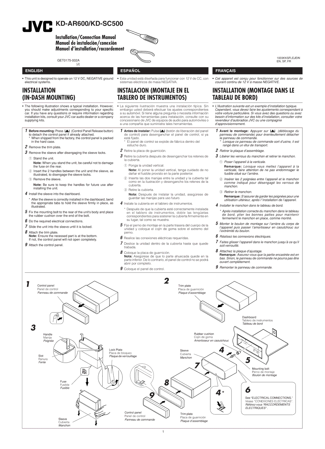 JVC KD-SC500 manual Before mounting Press, Antes de instalar Pulse, Avant le montage Appuyer sur, 1003KKSFLEJEIN EN, SP, FR 