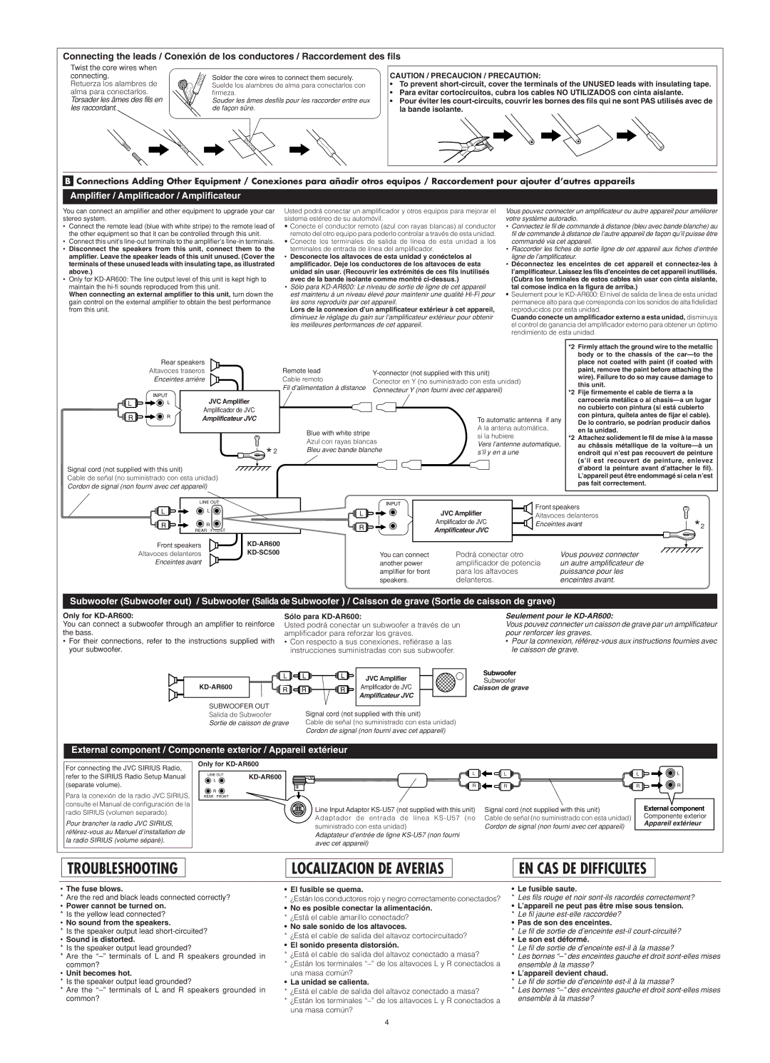 JVC KD-SC500 Only for KD-AR600, Sólo para KD-AR600, Fuse blows, Power cannot be turned on, No sound from the speakers 