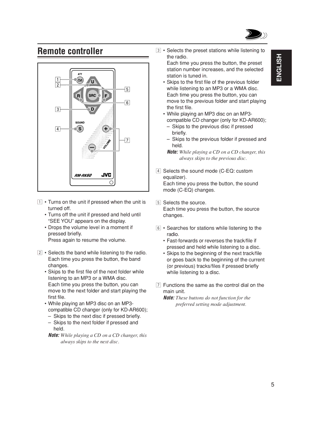 JVC KD-AR600, KD-SC500 manual Remote controller 