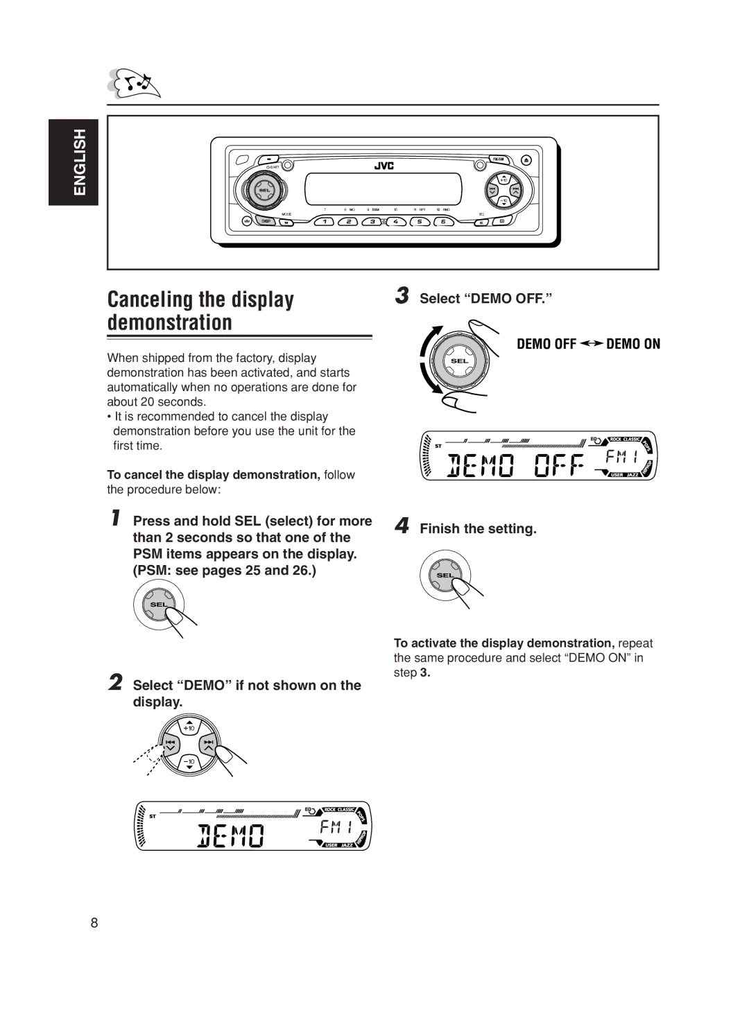 JVC KD-SC500, KD-AR600 manual Canceling the display, Demonstration, Select Demo OFF 