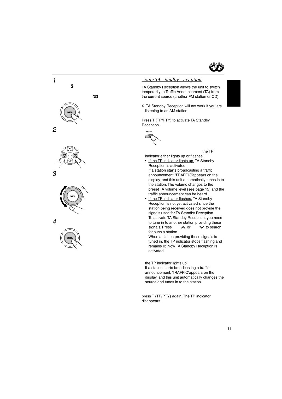 JVC KD-S901R, KD-SC800R manual Using TA Standby Reception, Press T TP/PTY to activate TA Standby Reception 