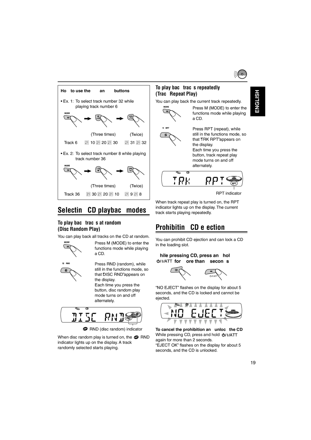 JVC KD-S901R, KD-SC800R manual Prohibiting CD ejection, To play back tracks at random Disc Random Play 