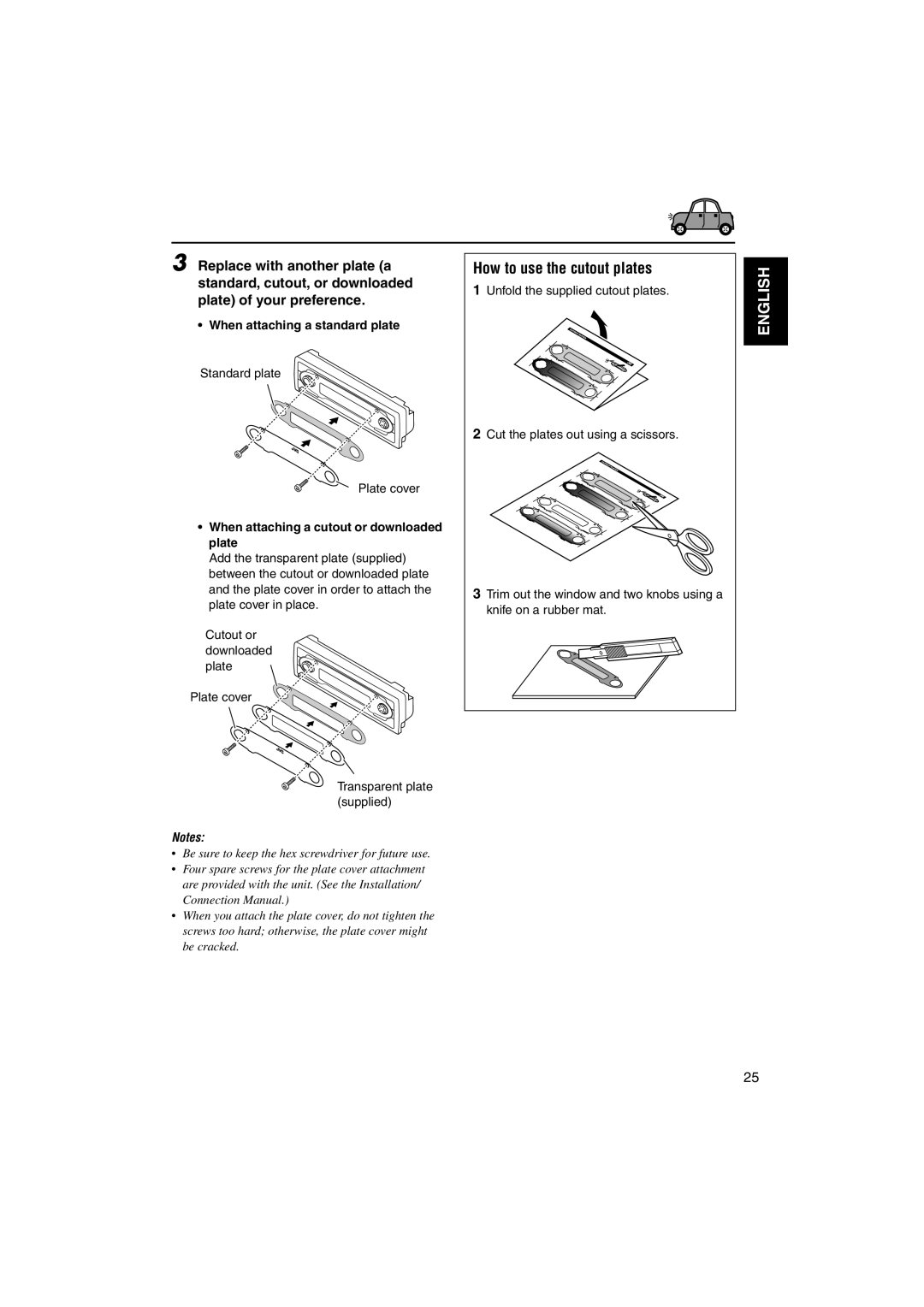 JVC KD-S901R How to use the cutout plates, When attaching a standard plate, When attaching a cutout or downloaded plate 