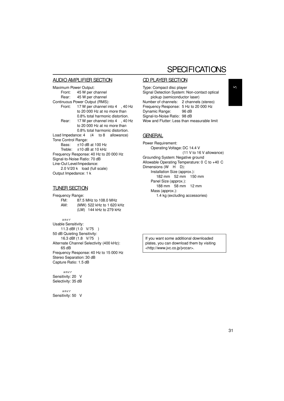 JVC KD-S901R, KD-SC800R manual Specifications, FM Tuner, MW Tuner, LW Tuner 