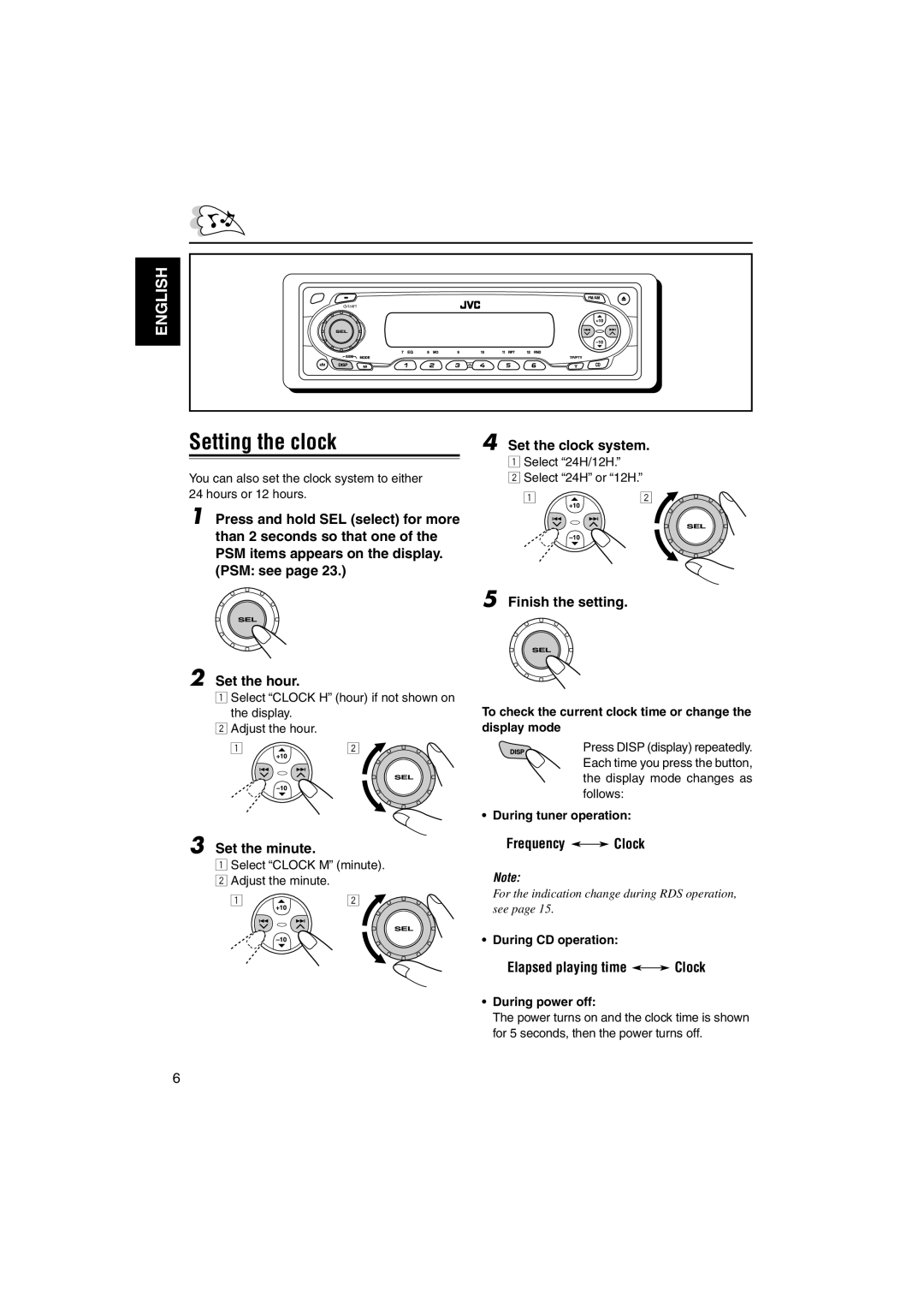 JVC KD-SC800R, KD-S901R manual Setting the clock 