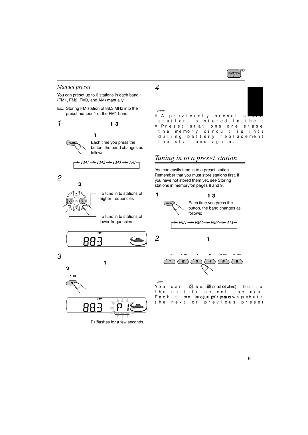 JVC KD-S901R, KD-SC800R manual Manual preset, P1 flashes for a few seconds 