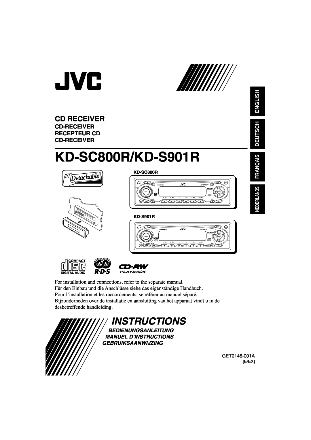 JVC manual Cd Receiver, Cd-Receiver Recepteur Cd Cd-Receiver, English Deutsch, KD-SC800R/KD-S901R, Instructions 