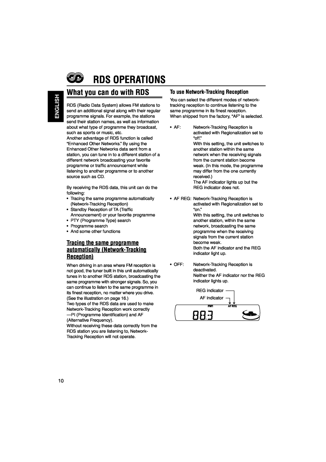 JVC KD-SC800R, KD-S901R manual Rds Operations, What you can do with RDS, To use Network-TrackingReception, English 