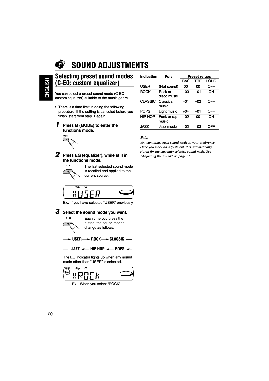 JVC KD-SC800R manual Sound Adjustments, English, Press M MODE to enter the functions mode, Select the sound mode you want 