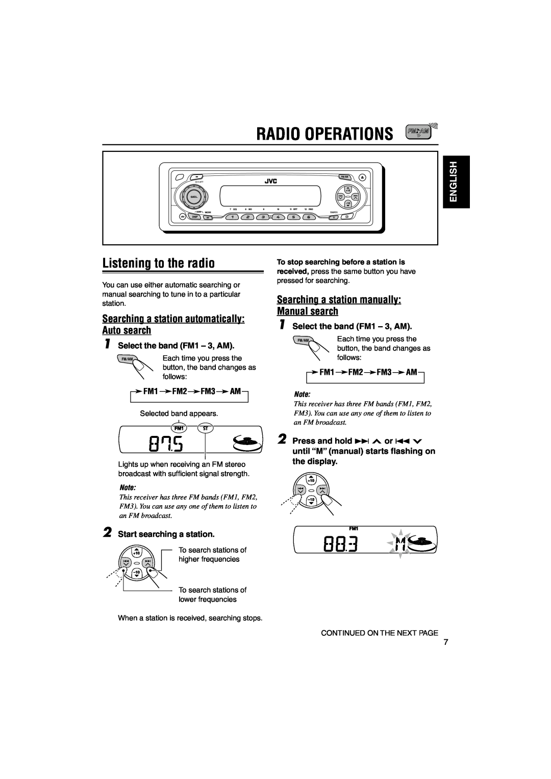 JVC KD-S901R, KD-SC800R Radio Operations, Listening to the radio, Searching a station automatically Auto search, English 