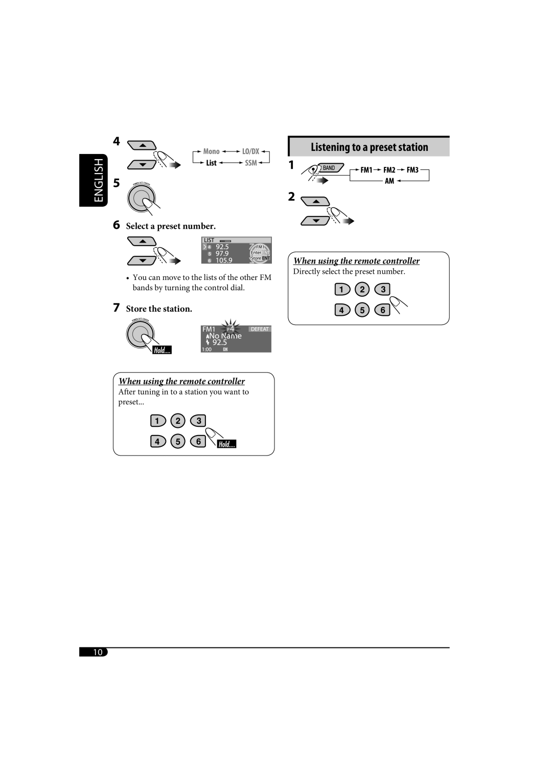 JVC KD-SH1000 manual Listening to a preset station, Select a preset number, Store the station 