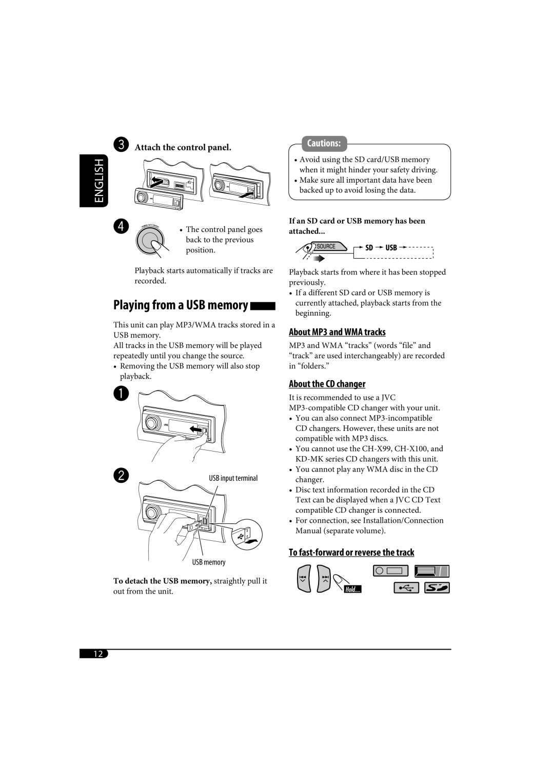 JVC KD-SH1000 manual Playing from a USB memory, About MP3 and WMA tracks, About the CD changer, Attach the control panel 