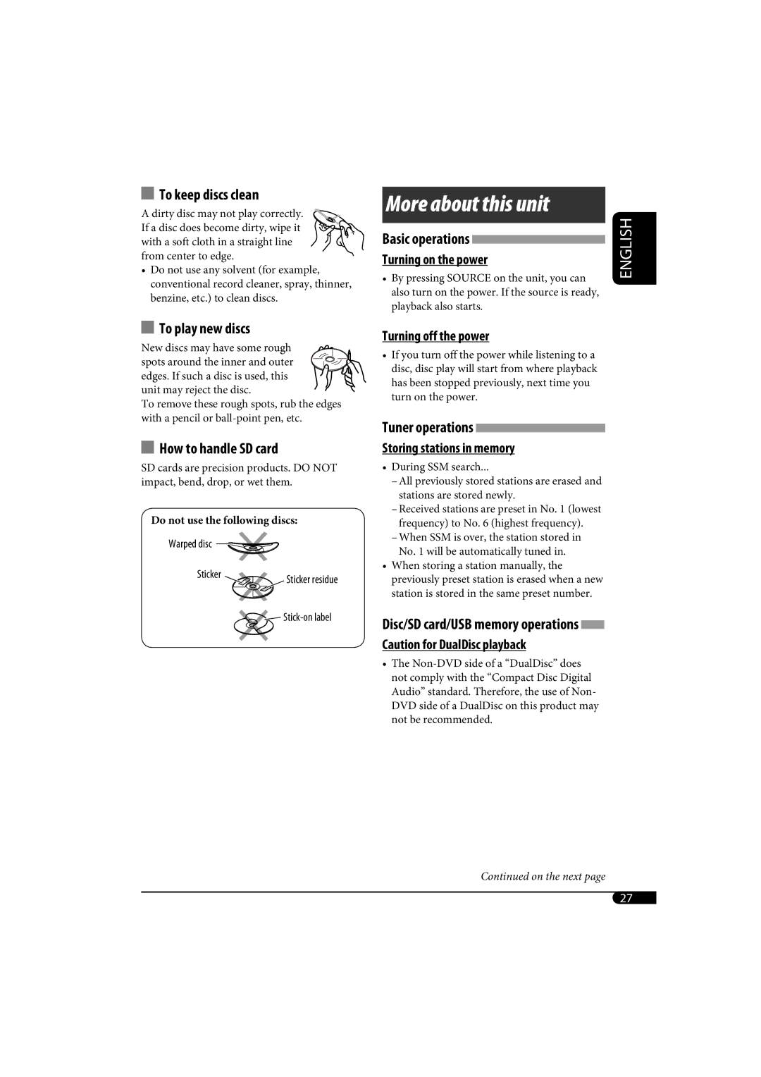 JVC KD-SH1000 manual Disc/SD card/USB memory operations 