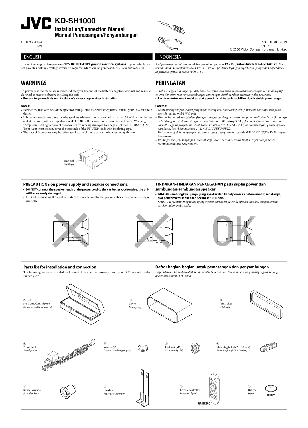 JVC KD-SH1000 manual Peringatan 