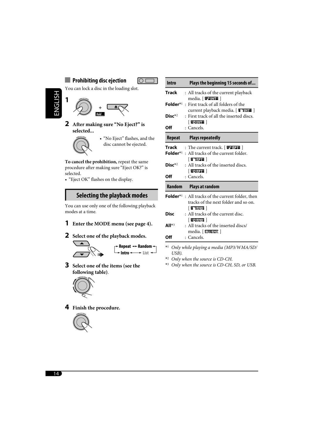 JVC KD-SH1000 manual Prohibiting disc ejection, Selecting the playback modes, Intro, Repeat Plays repeatedly 