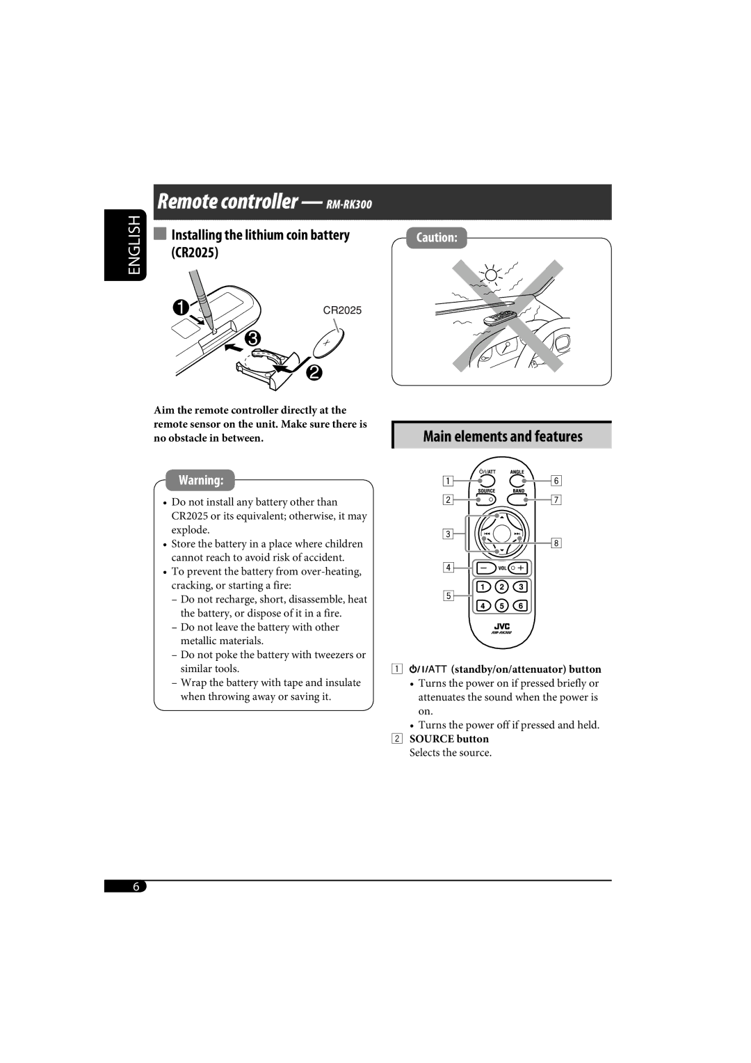 JVC KD-SH1000 manual Remote controller RM-RK300 