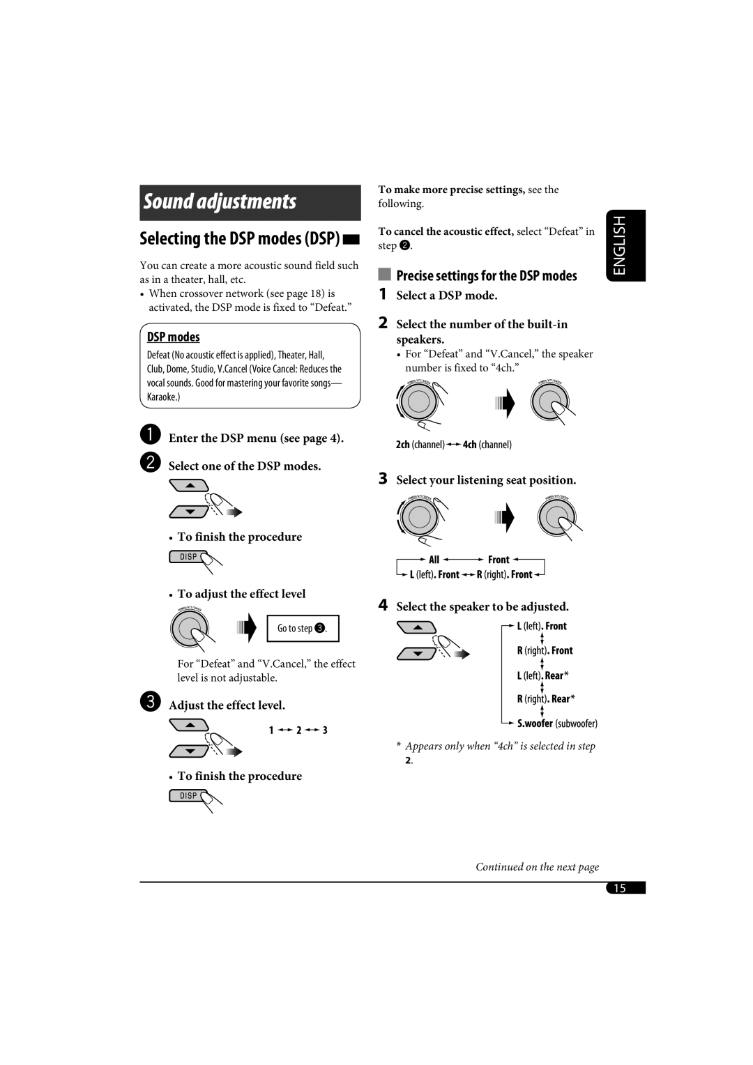 JVC KD-SH1000 manual Selecting the DSP modes DSP, Precise settings for the DSP modes, Adjust the effect level 