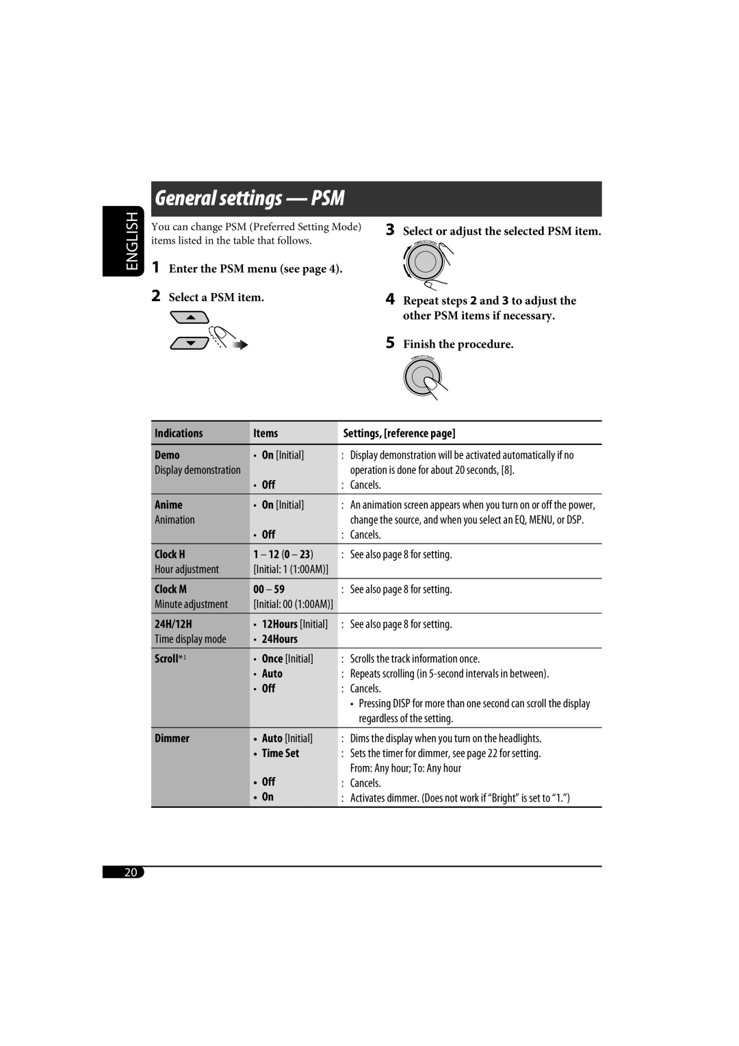 JVC KD-SH1000 manual General settings PSM 