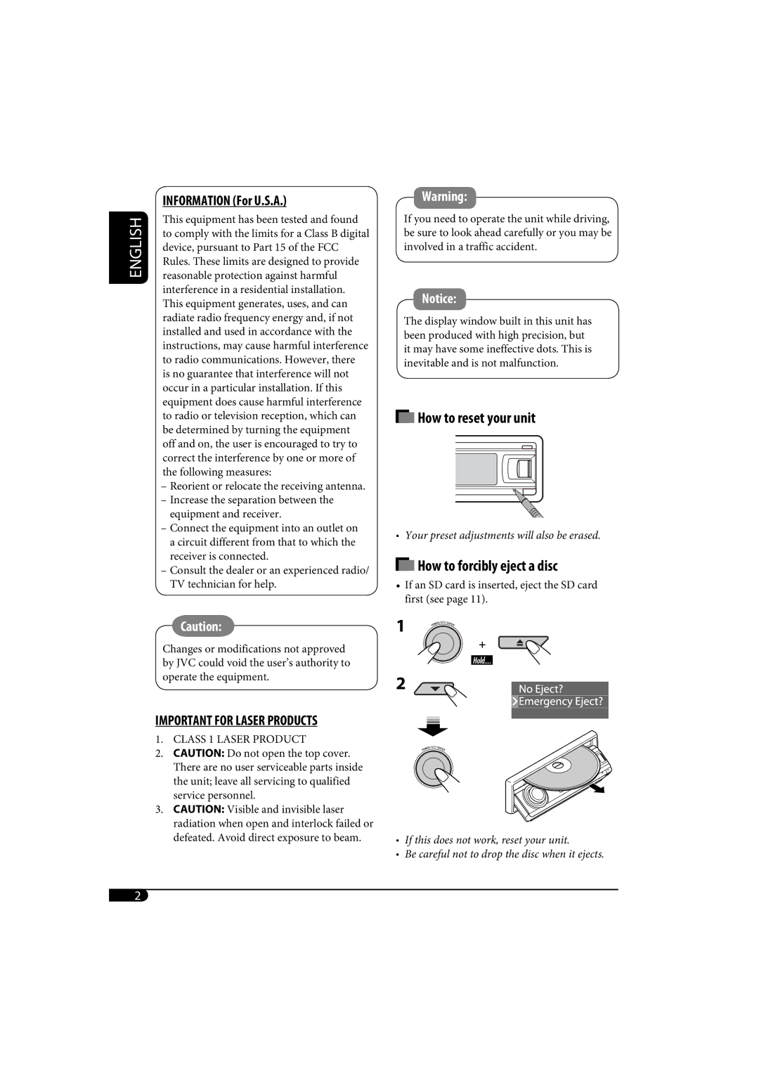 JVC KD-SH1000 manual How to reset your unit, How to forcibly eject a disc, Information For U.S.A 