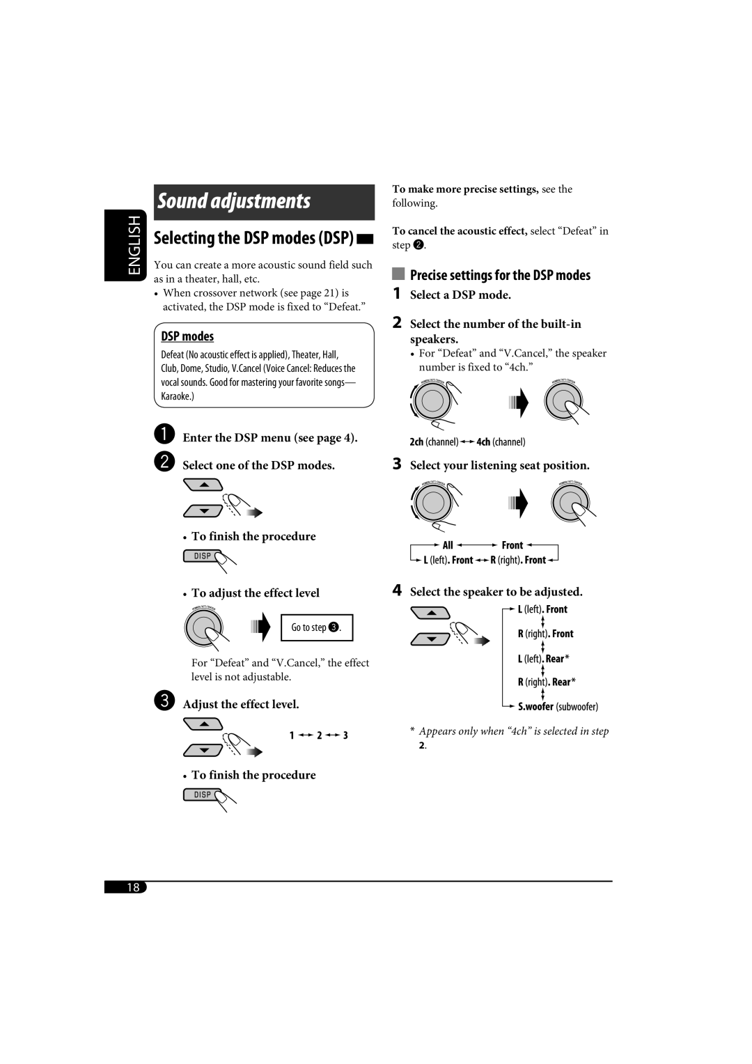 JVC KD-SH1000 manual Selecting the DSP modes DSP, Precise settings for the DSP modes 