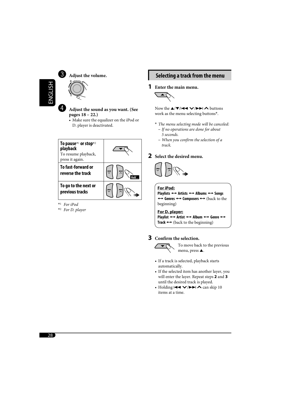 JVC KD-SH1000 manual Selecting a track from the menu, To go to the next or previous tracks 