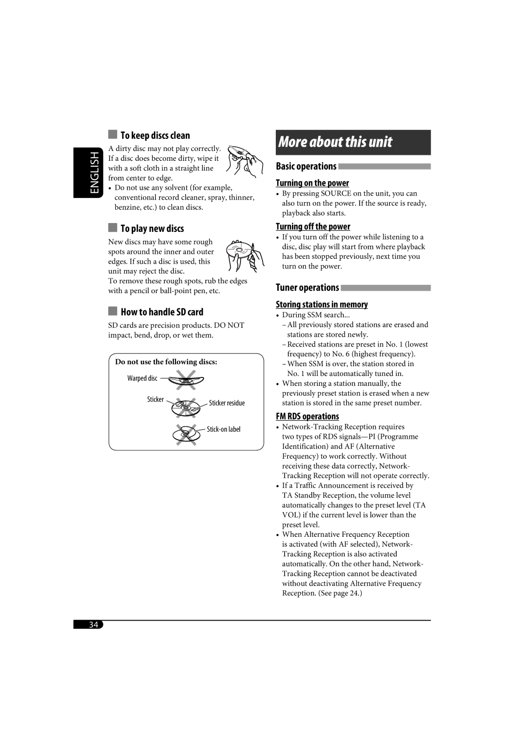 JVC KD-SH1000 manual To keep discs clean, FM RDS operations 