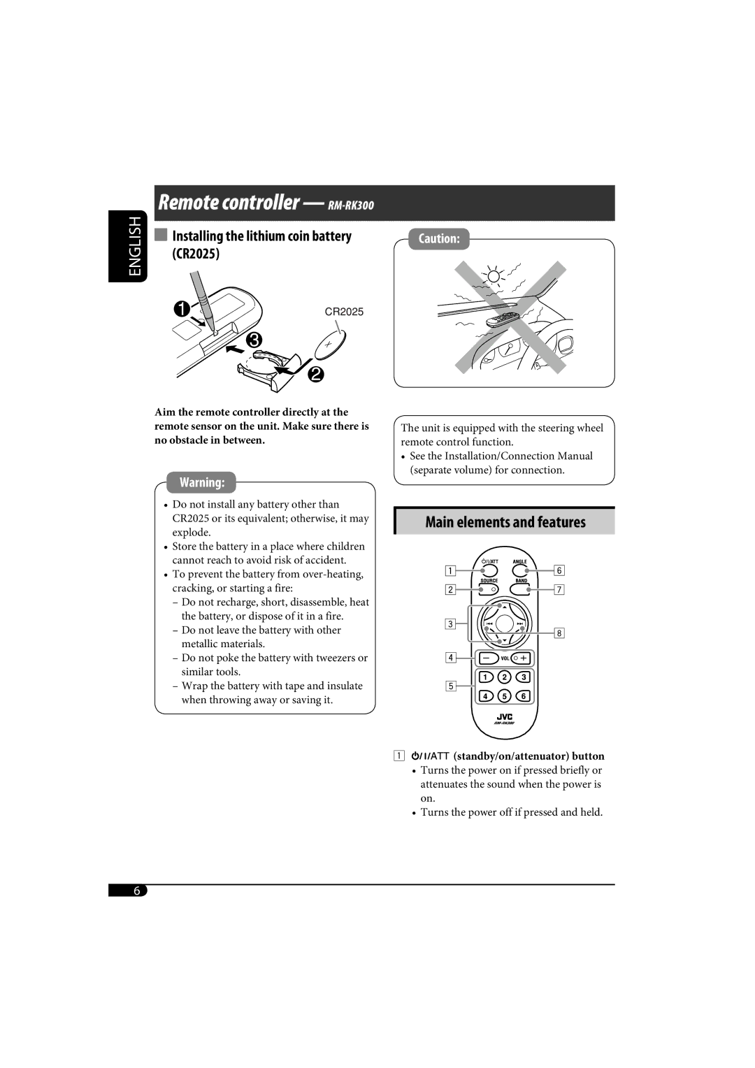 JVC KD-SH1000 manual Remote controller RM-RK300 