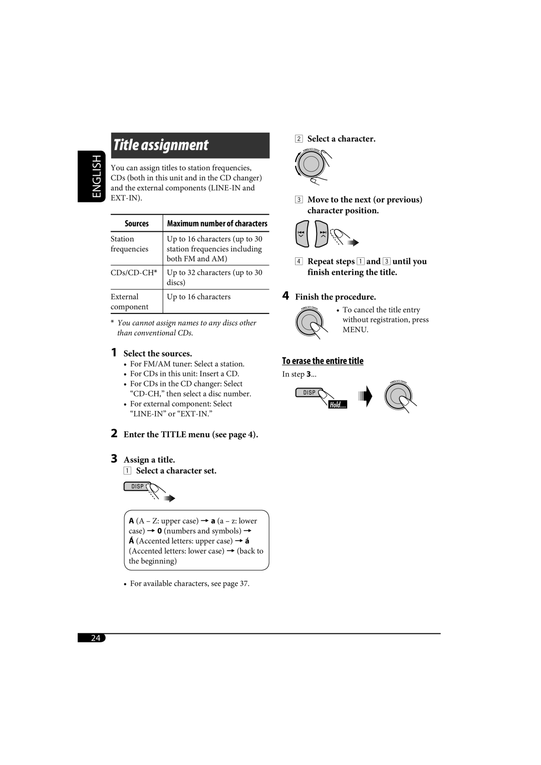 JVC KD-SH1000 manual To erase the entire title, Sources 