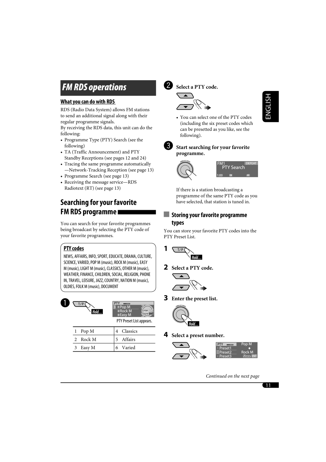 JVC KD-SH1000 manual PTY Preset List appears 