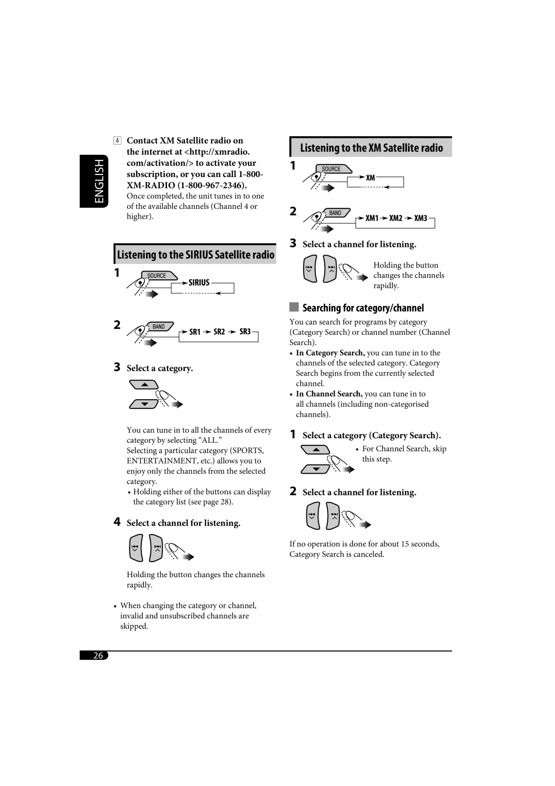 JVC KD-SH1000 manual Searching for category/channel, Listening to the XM Satellite radio 