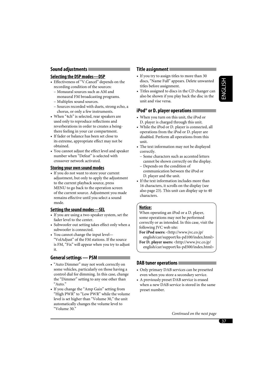 JVC KD-SH1000 manual DAB tuner operations, Sound adjustments 