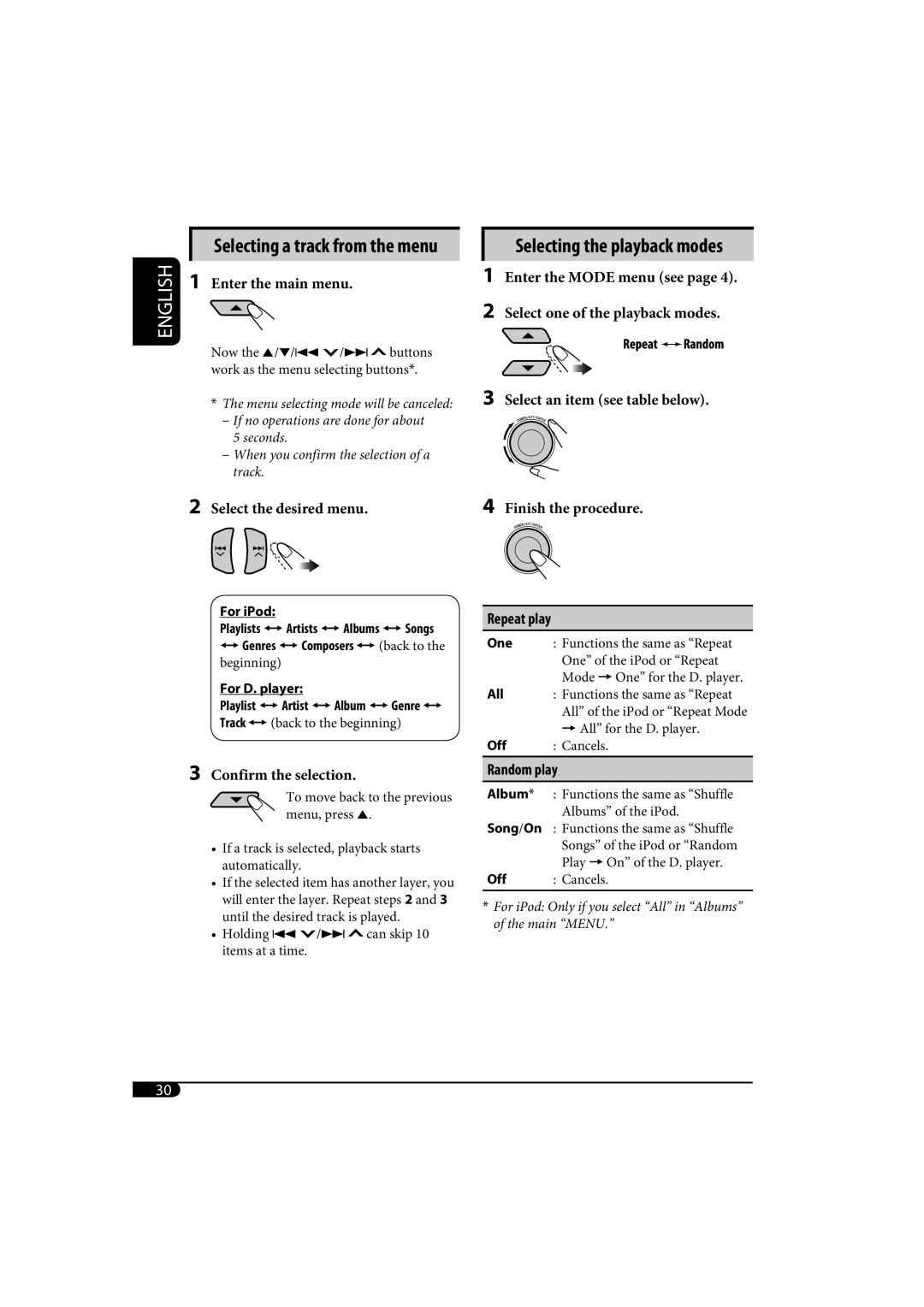 JVC KD-SH1000 manual Selecting a track from the menu, Select the desired menu, Repeat play, Random play 