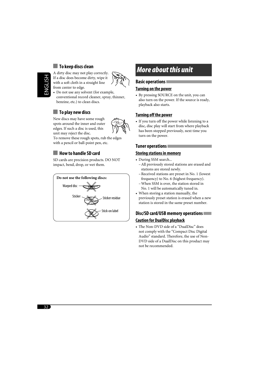 JVC KD-SH1000 manual To keep discs clean, To play new discs, How to handle SD card, Tuner operations 