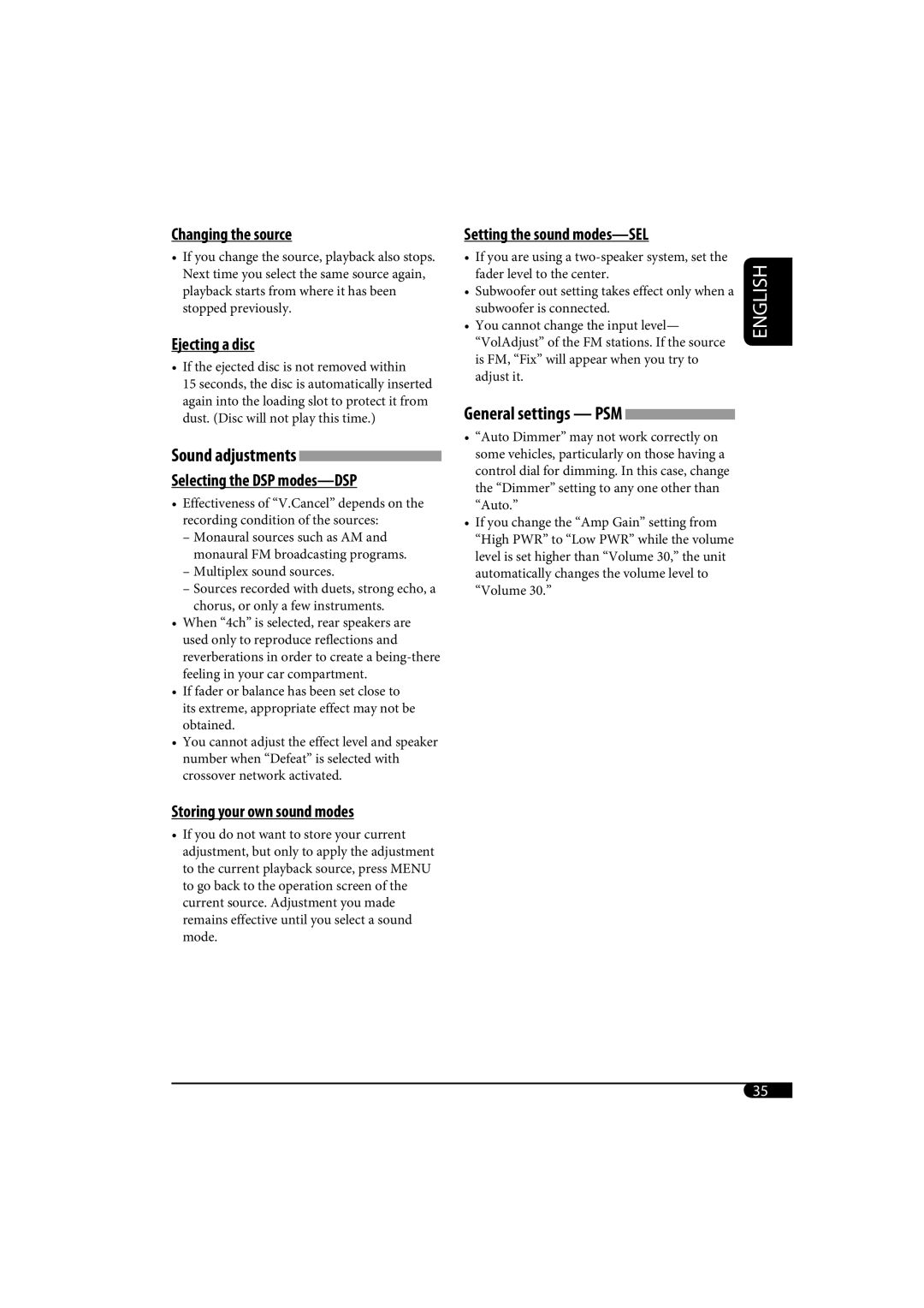 JVC KD-SH1000 manual Changing the source, Ejecting a disc, Selecting the DSP modes-DSP, Storing your own sound modes 