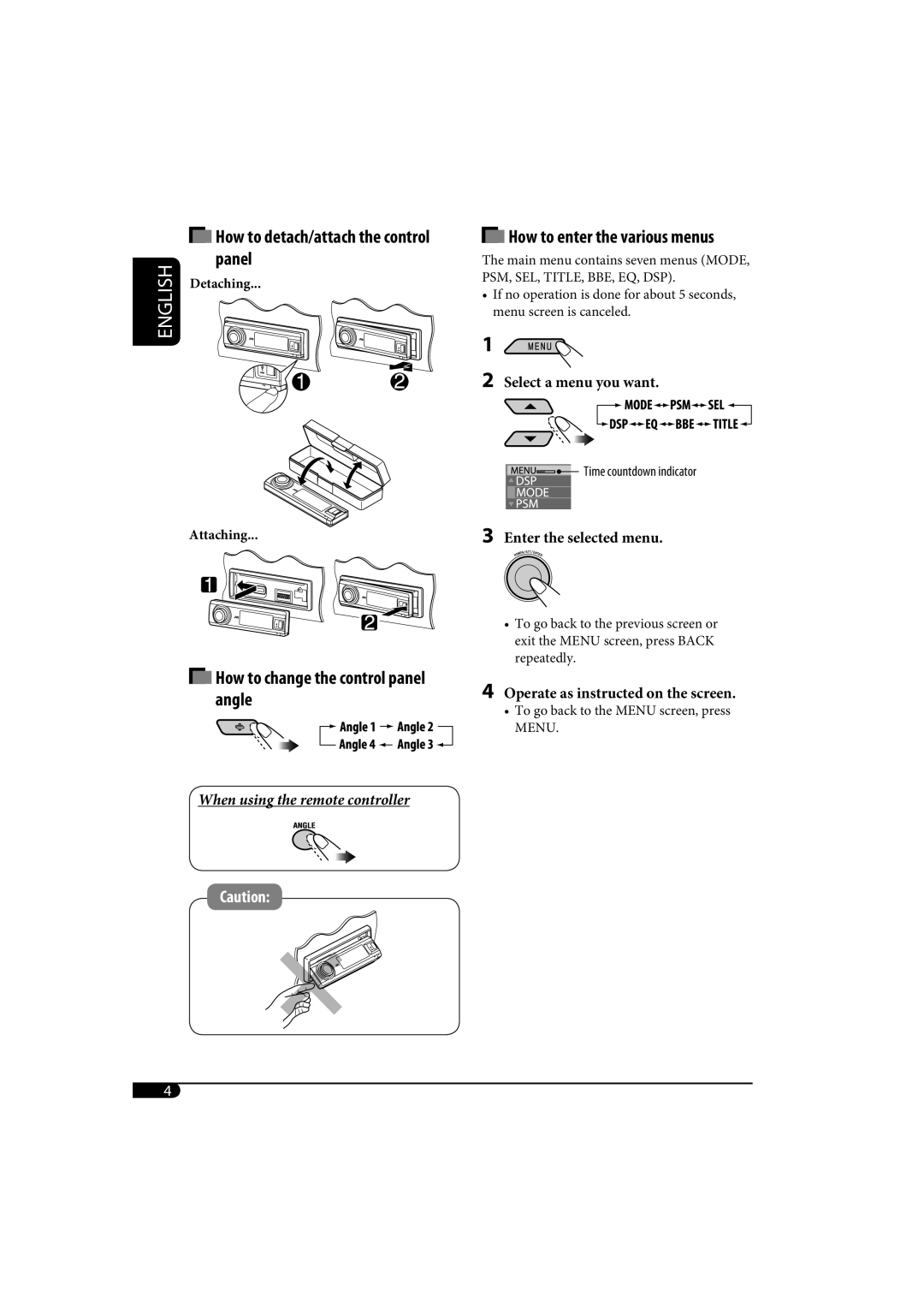 JVC KD-SH1000 manual How to detach/attach the control panel, How to change the control panel angle 