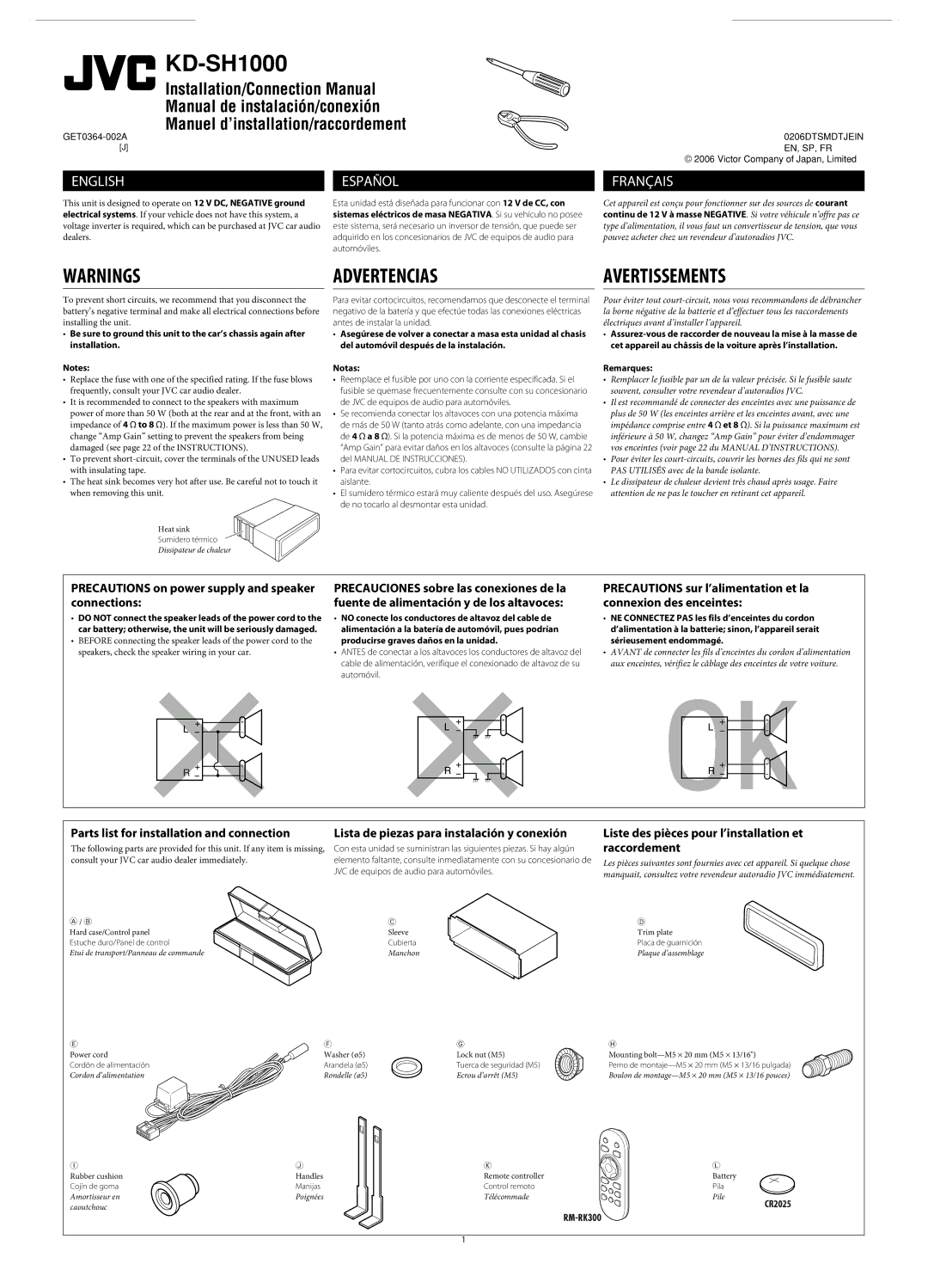 JVC KD-SH1000 Precautions on power supply and speaker connections, Liste des pièces pour l’installation et raccordement 