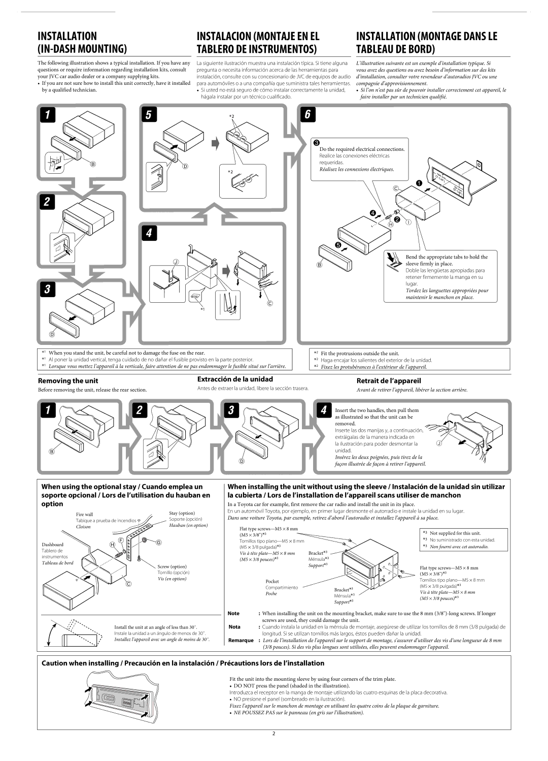 JVC KD-SH1000 manual Removing the unit, Extracción de la unidad, Retrait de l’appareil, Nota, Remarque 