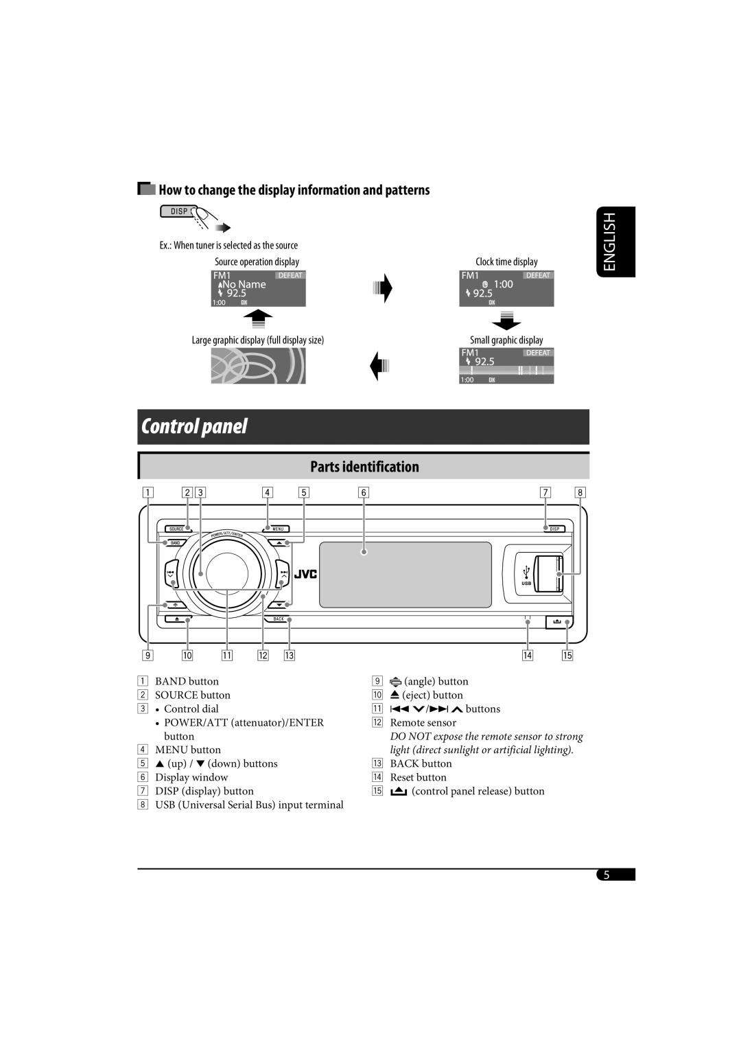 JVC KD-SH1000 manual Control panel, How to change the display information and patterns 