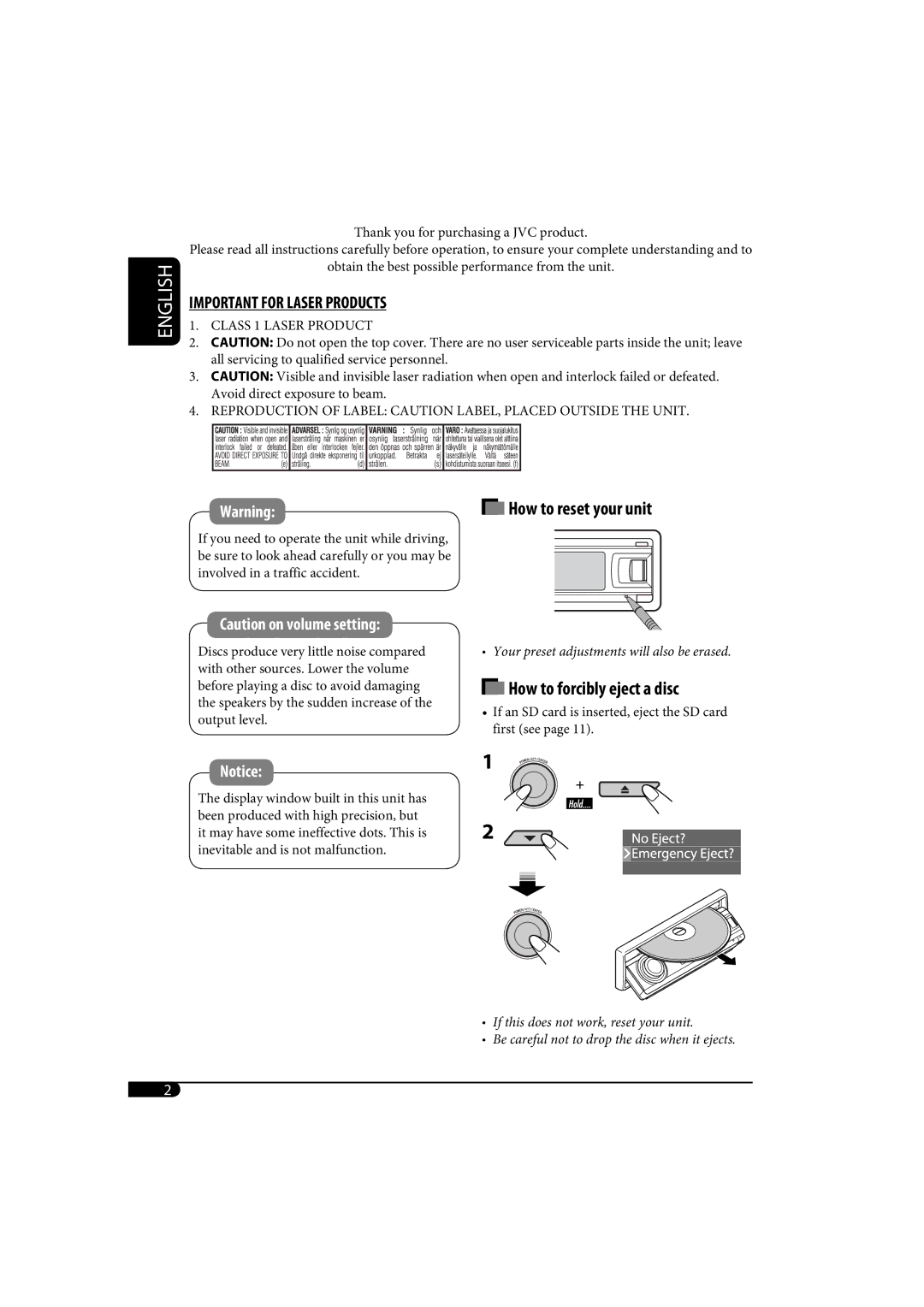 JVC KD-SH1000 manual Important for Laser Products 